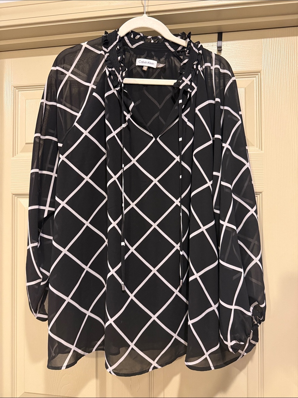 Calvin Klein Black & White Windowpane Tie-Neck Blouse